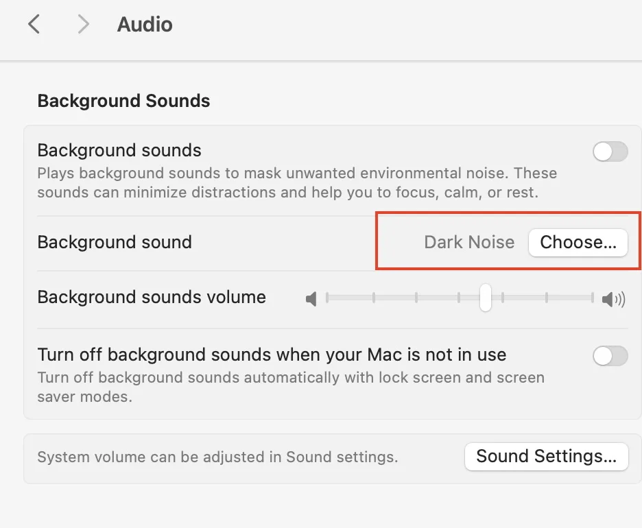macOS Audio settings showing the Background Sounds selector with sound options